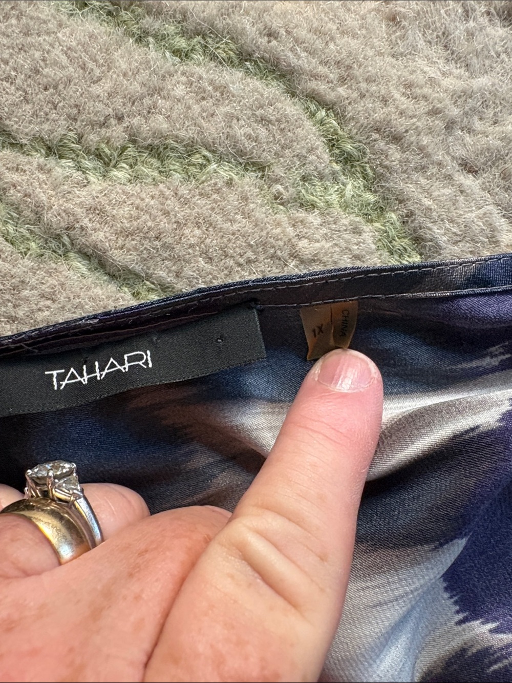 Tahari Navy and White Satin Floral Bias Skirt